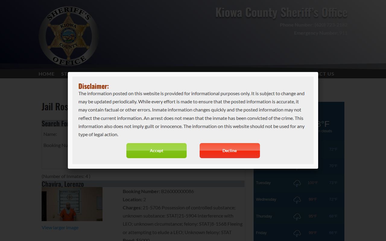 Official Kiowa roster for current Comanche County booking custody checks